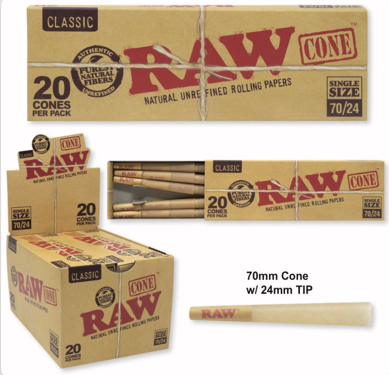 RAW Classic Cones | Single Size 70mm/24mm | 20 Cones | 12ct