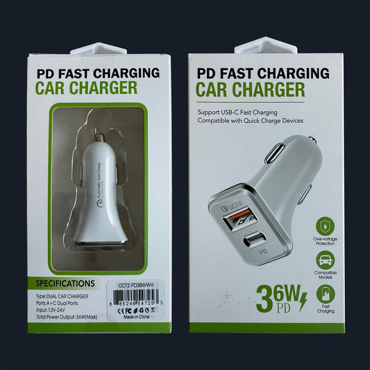 HQ Dual Car Chargers | USB/Type C | CC72-PD36WWH | 1ct