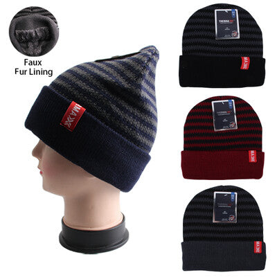 Thermaxxx Winter Knit Hat for Men | Dark Stripes w/ Faux Fur Lining | 12ct | Item 10003