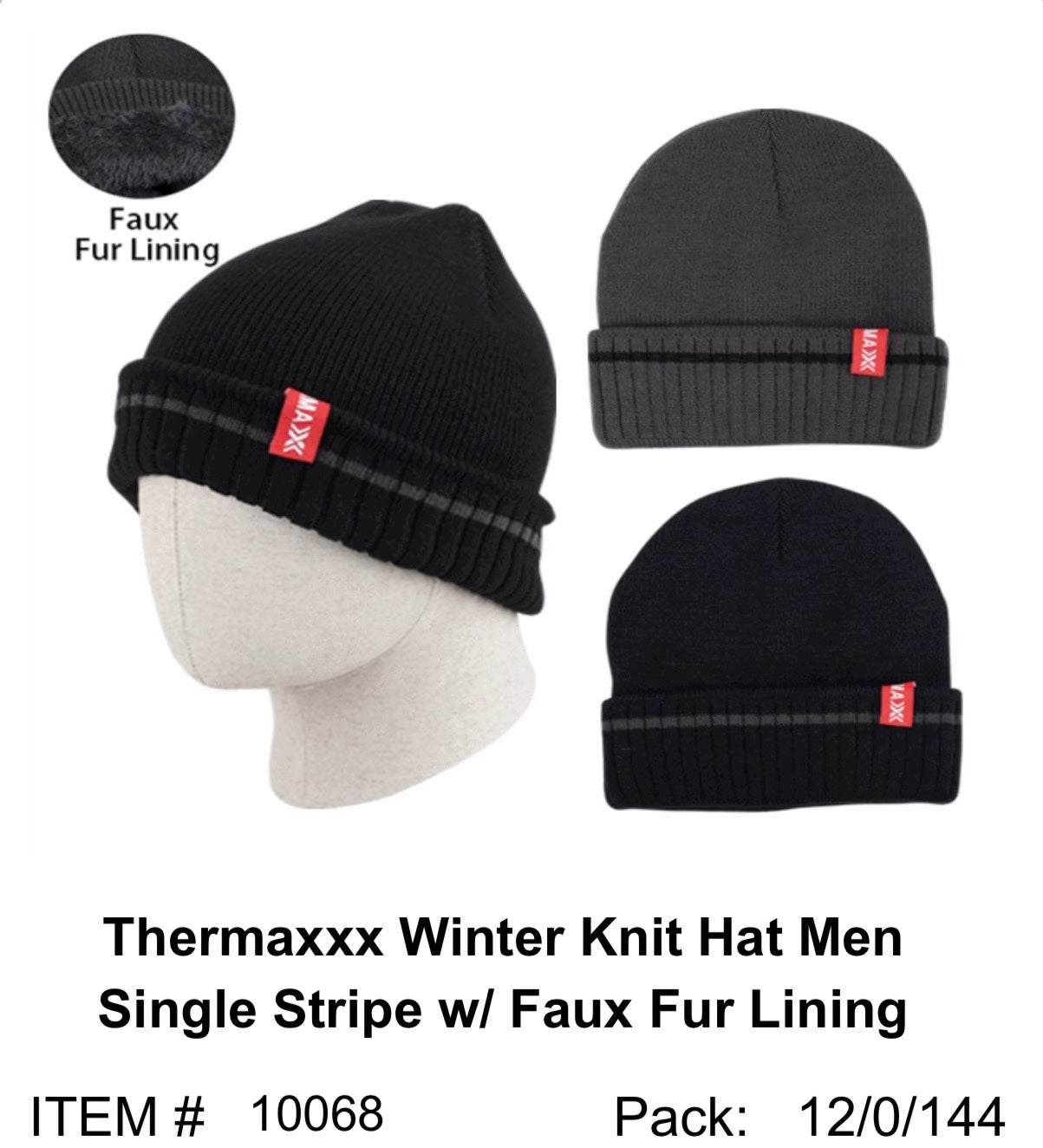 Thermaxxx Winter Knit Hat for Men | Single Stripe w/ Faux Fur Lining | 12 ct | Item 10068