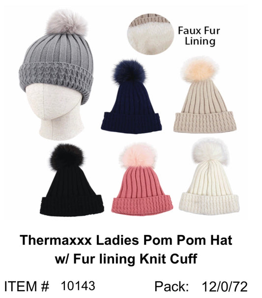 Thermaxxx Ladies Pom Pom Hat w/ Fur Lining Knit Cuff | 12ct | Item 10143